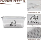 Cheese Container Airtight with Draining Basket Cream Cheese Sliced Cheeses Box with Lid Saver for Fridge Cheeses Keeper Cream Block Shredded Storage Box Saver (Clear)