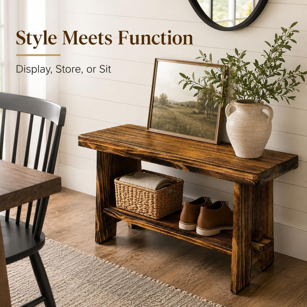 31.5" Solid Wood Entryway Bench, Farmhouse Rustic Storage Bench for Smal...
