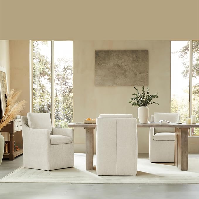 Upholstered Dining Chairs with Casters, No Assembly Modern Accent Armchair with Rollers for Dining Room, Bedroom, Living Room, Reading Room, Already Assembled, Beige, 2 Box