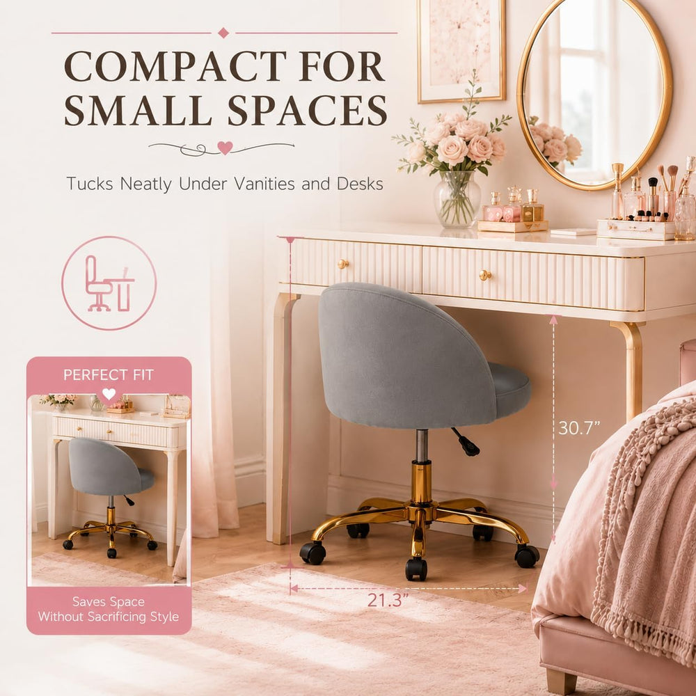Cute Velvet Vanity Chair with Back and Rolling Wheels for Bedroom Makeup Room...