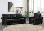 2 Piece Faux Leather Sofa Set,Modern Chair and Couch Sets with Storage,Mid Century Couch with Rivet Rolled Arm,Comfy Deep Seat Sofa,Furniture for Living Room,Office(Armchair+3 Seater,Black)