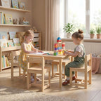 HONEY JOY Kids Table and Chairs, Wooden Activity Table with 4 Chairs Set for Crafts, Homework, Drawing & Snack Time, 5-Piece Playroom and Kindergarten Furniture Set for Children Ages 4+ (Natural)