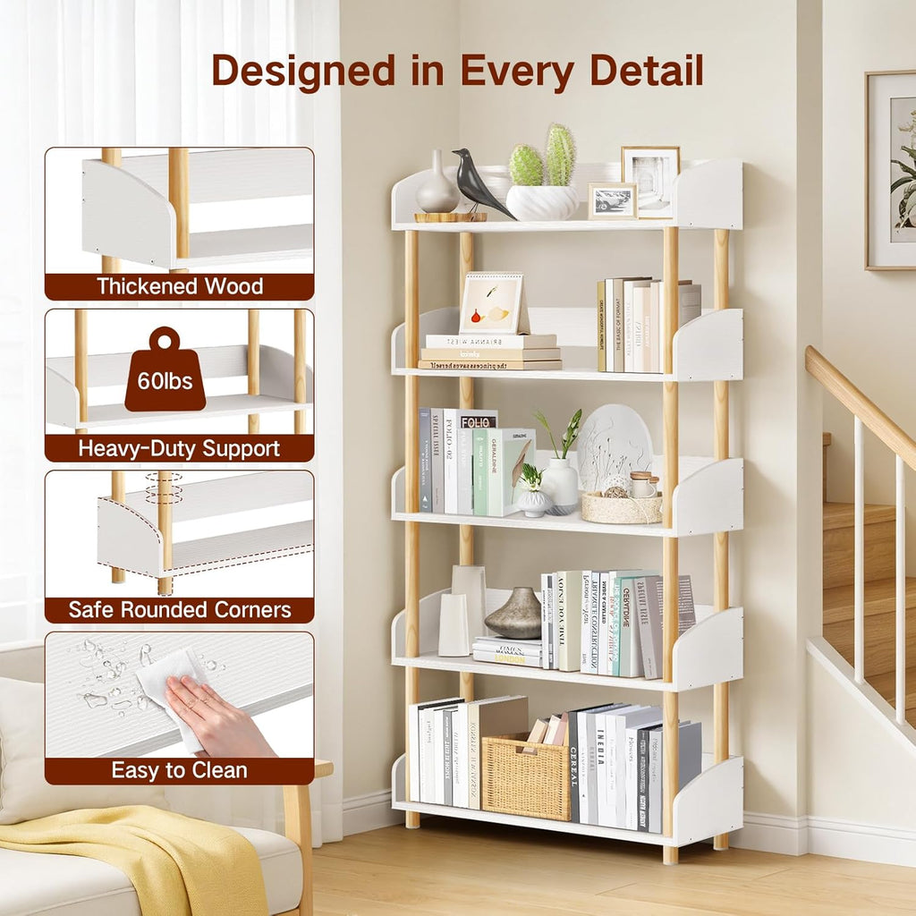 5-Tier Wooden Bookshelf, Modern Open Bookcase with Solid Wood Frame and Top Edge, Sturdy Freestanding Storage Organizer for Living Room, Bedroom, Home Office (White)