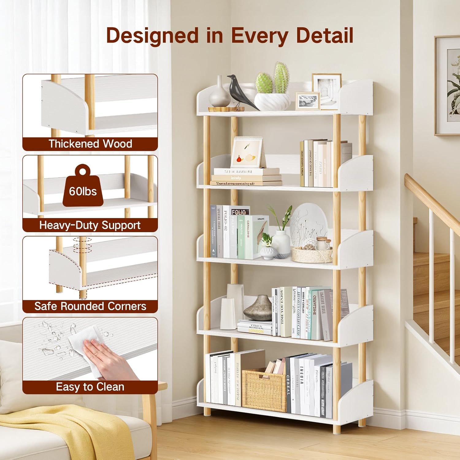 5-Tier Wooden Bookshelf, Modern Open Bookcase with Solid Wood Frame and Top Edge, Sturdy Freestanding Storage Organizer for Living Room, Bedroom, Home Office (White)