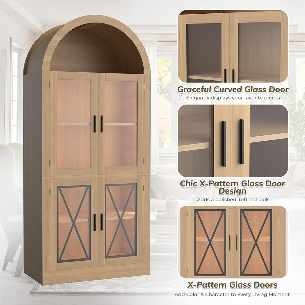 71” Tall Arched Kitchen Pantry with X-Pattern Glass Doors & RGB Lighting,...