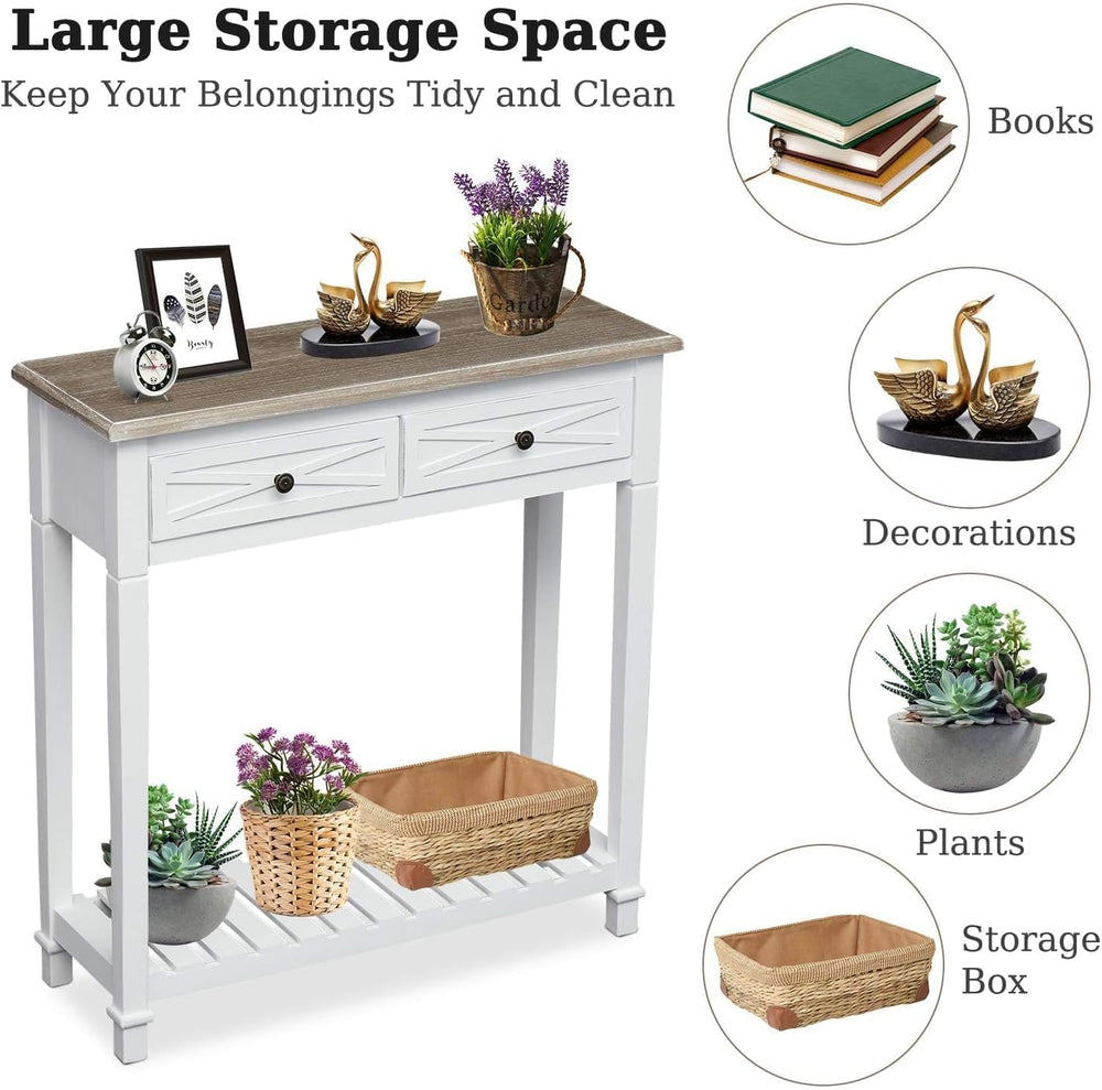 kinbor Narrow Console Table with Drawers, Small Entryway Table, White