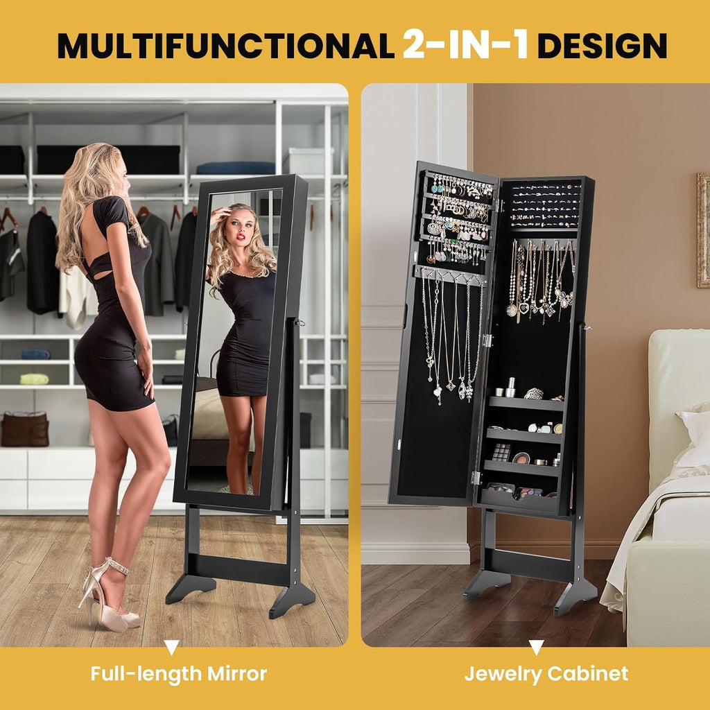 Freestanding Jewelry Armoire Cabinet, Jewelry Organizer with Full Length Mirror, Standing Makeup Mirror Cabinet w/ 3 Adjustable Angles & Large Storage Capacity, for Bedroom Dressing Room (Black)