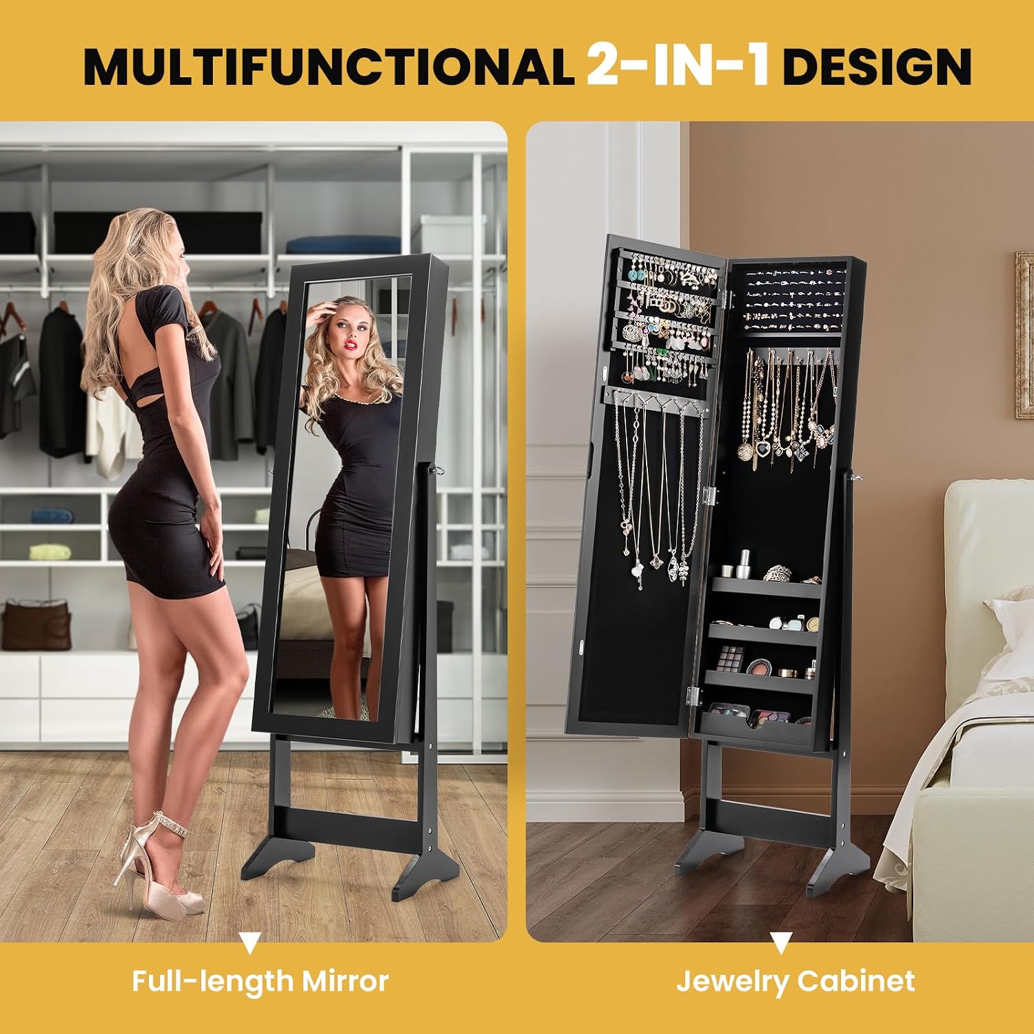 Freestanding Jewelry Armoire Cabinet, Jewelry Organizer with Full Length Mirror, Standing Makeup Mirror Cabinet w/ 3 Adjustable Angles & Large Storage Capacity, for Bedroom Dressing Room (Black)