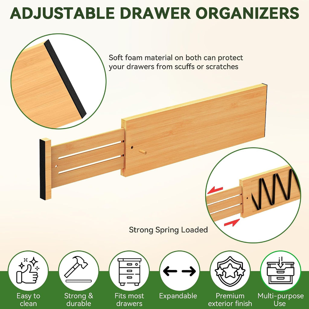 FJO 6 Pack Bamboo Drawer Dividers 4.65" High Adjustable from 17'' to 22'' | Strong Spring Loaded, Expandable Utensil Organizer, Works in Kitchen, Dresser, Closet, Bathroom, Bedroom,Office (Beige)