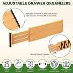 FJO 6 Pack Bamboo Drawer Dividers 4.65" High Adjustable from 17'' to 22'' | Strong Spring Loaded, Expandable Utensil Organizer, Works in Kitchen, Dresser, Closet, Bathroom, Bedroom,Office (Beige)