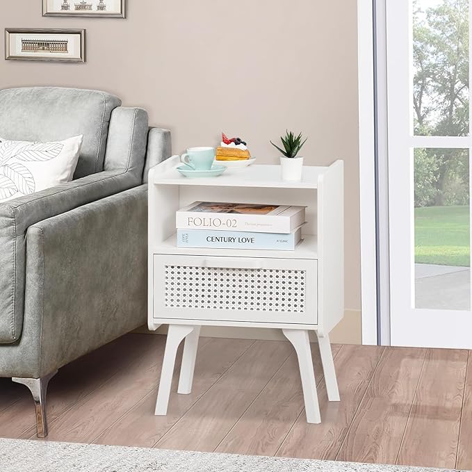 Lerliuo Rattan Nightstand, Side Table with Drawer Open Shelf, Cane Accent Bed...