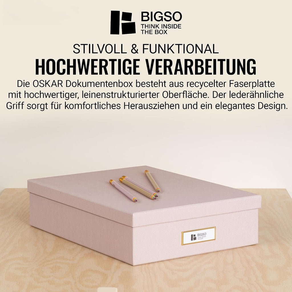 BIGSO OSKAR A4 Document Box - Storage Box with Lid and Handle - Desk Tray for Paper, Brochures & Documents - Shelf Storage Box Made of Fibreboard and Paper - Pink