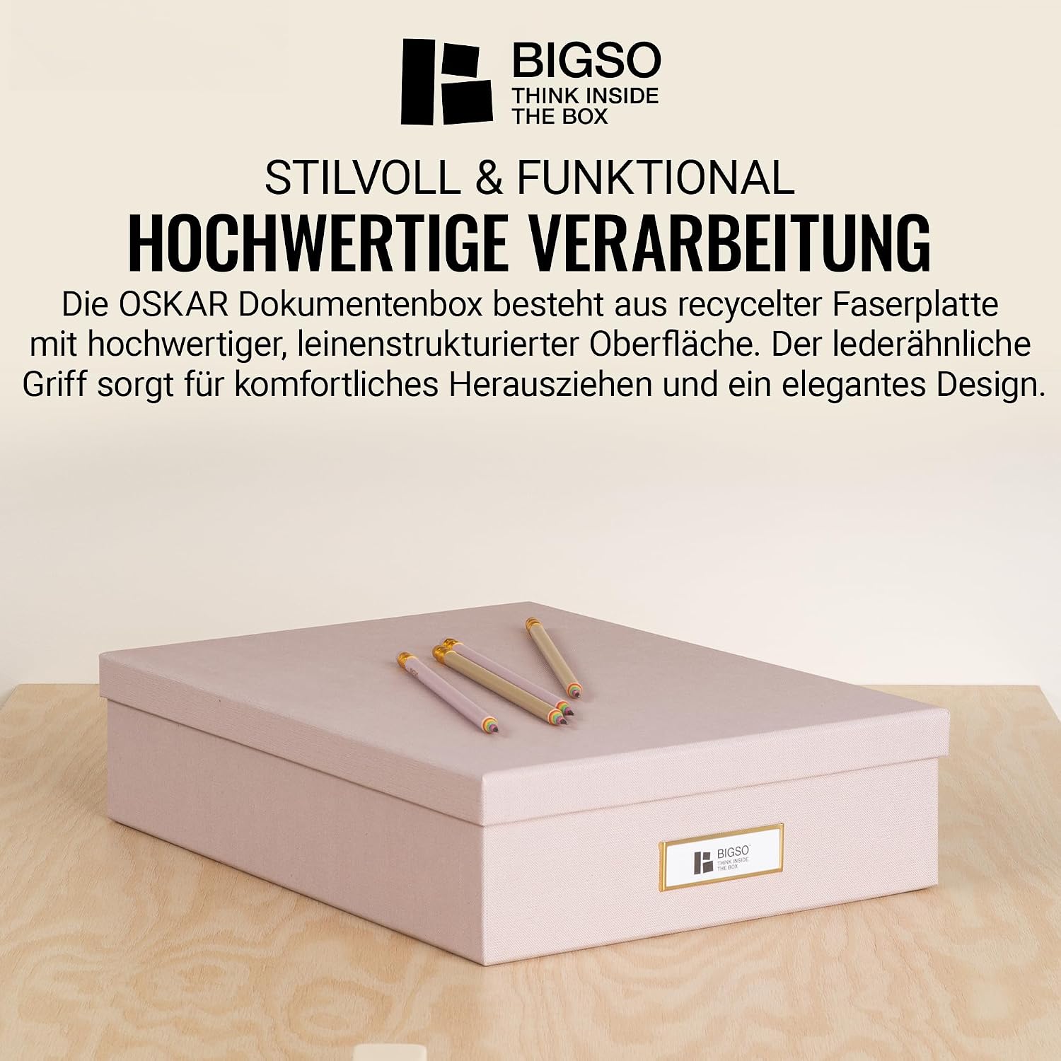 BIGSO OSKAR A4 Document Box - Storage Box with Lid and Handle - Desk Tray for Paper, Brochures & Documents - Shelf Storage Box Made of Fibreboard and Paper - Pink