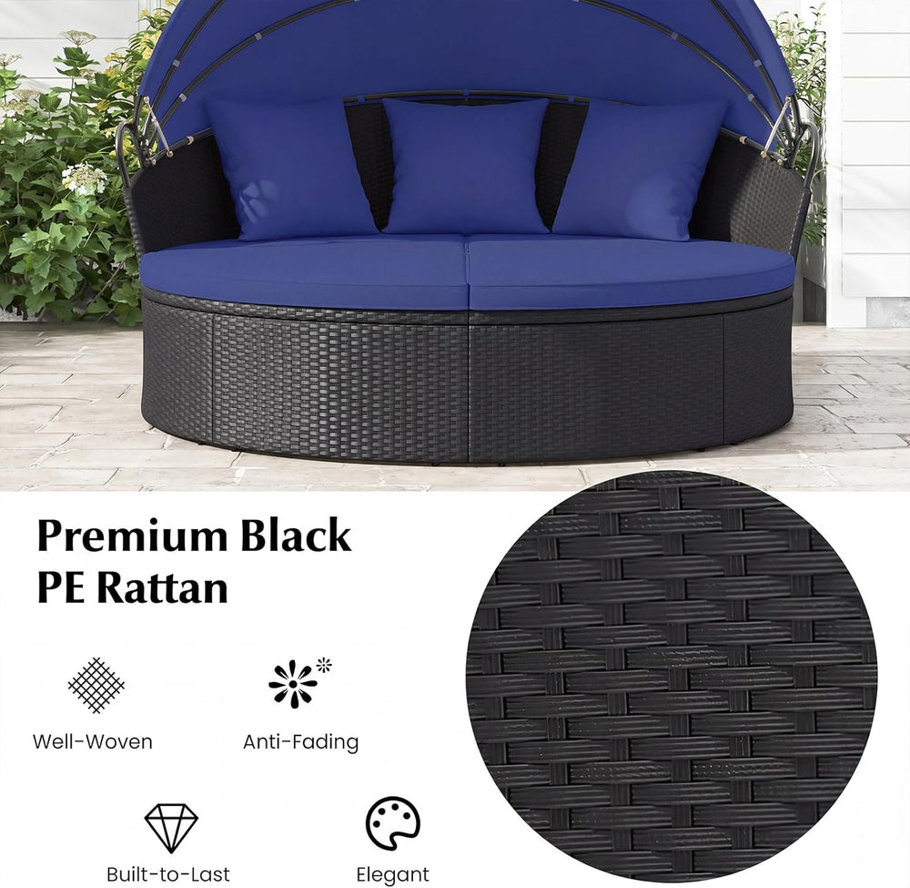 RELAX4LIFE Round Outdoor Daybed with Canopy - Wicker Sectional Sofa Sunbed w/...