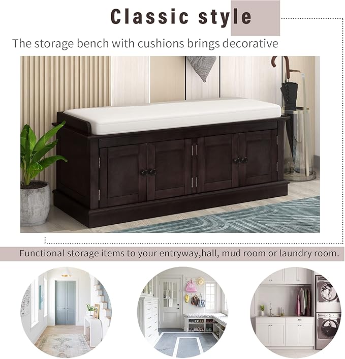 Vintage Hallway Storage Bench with 4 Doors and Adjustable Shelves,Entryway Shoe Rack W/Removable Cushion,for Living Room Bedroom Porch,Espresso,42″