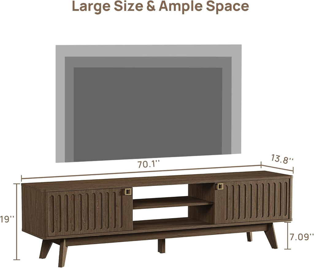 SICOTAS 70" Long TV Stand for Living Room, Modern TV Stand Entertainment Center with 2 Storage Cabinets, Mid Century Fluted-Door Media Console Table for 50/60/70/80 Inch TV, Coffee Oak