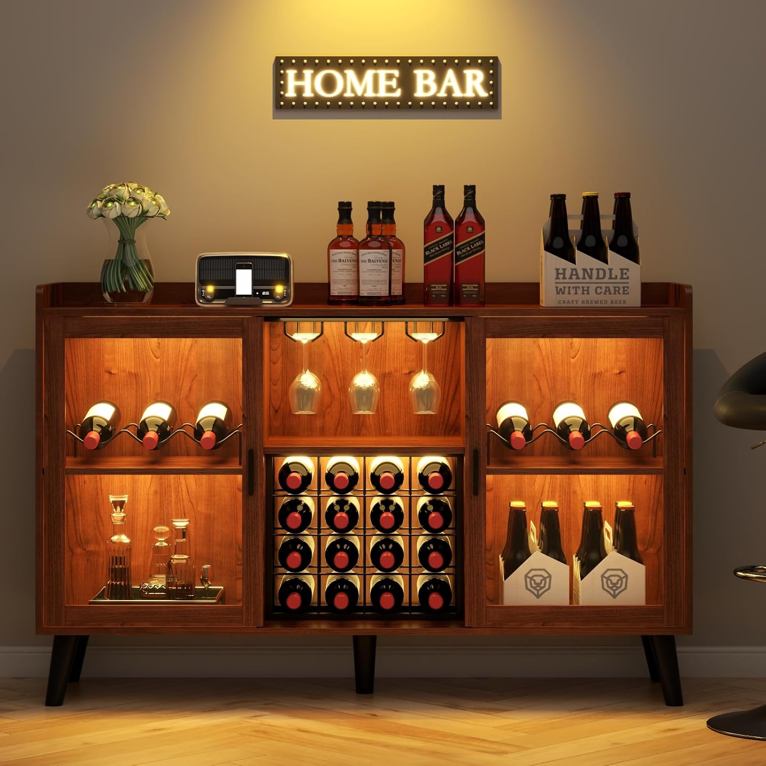 Wine Bar Cabinet with Led Light, Home Coffee Cabinet with Wine & Glass Rack | Kitchen Buffet Sideboard with Storage Shelves, Freestanding Liquor Cabinet for Living Room, Dining Room (Walnut)