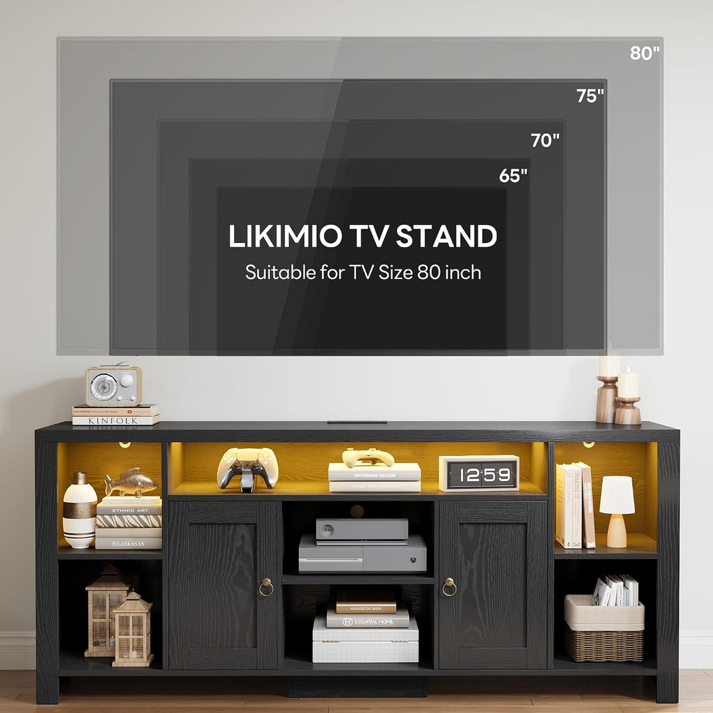 LIKIMIO 70" TV Stand for TVs up to 80", LED Entertainment Center, Black | Built-in Power Outlet, LED Lights, Wood Finish, 2 Storage Cabinets, Adjustable Shelves, TV Console for Living Room