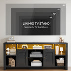 LIKIMIO 70" TV Stand for TVs up to 80", LED Entertainment Center, Black | Built-in Power Outlet, LED Lights, Wood Finish, 2 Storage Cabinets, Adjustable Shelves, TV Console for Living Room