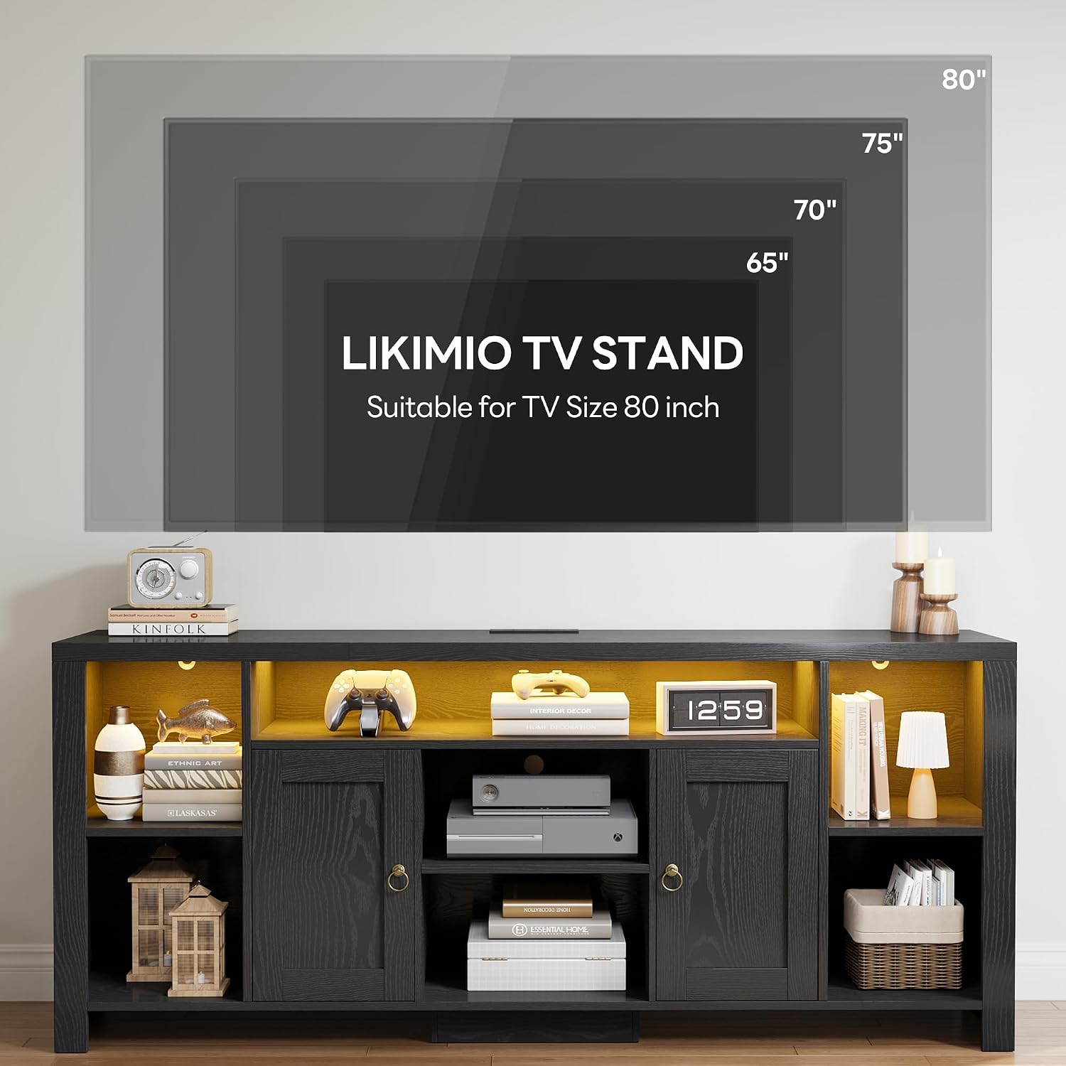 LIKIMIO 70" TV Stand for TVs up to 80", LED Entertainment Center, Black | Built-in Power Outlet, LED Lights, Wood Finish, 2 Storage Cabinets, Adjustable Shelves, TV Console for Living Room