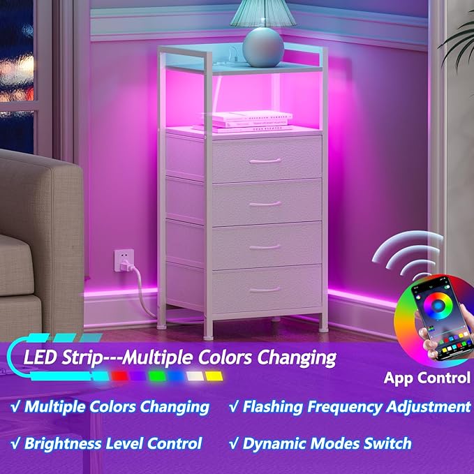 Furnulem White Nightstand with Charging Station, Night Stand Side Table with ...