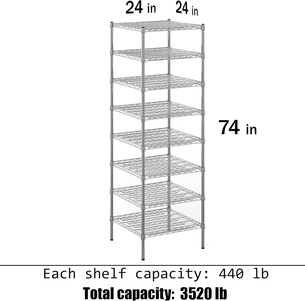 24" Deep x 24" Wide x 74" Height Wire Shelving Kit | 8-Tier | NSF Commercial Storage Rack Unit