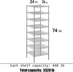 24" Deep x 24" Wide x 74" Height Wire Shelving Kit | 8-Tier | NSF Commercial Storage Rack Unit
