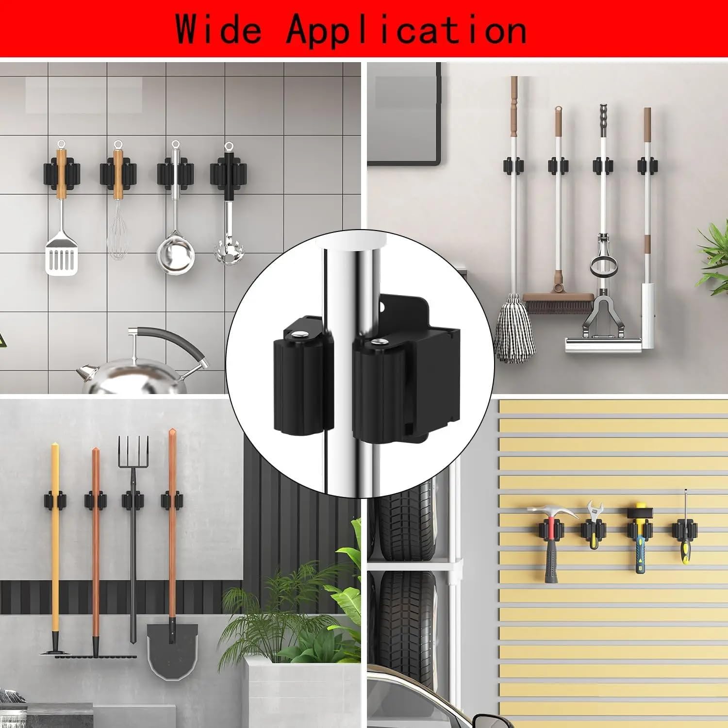 4Pcs peel and stick mop and broom holder wall mount Stainless Steel Heavy Duty Mop Holder Broom Hanger Wall with Screws, Garden Outdoor Tool Organizer Rack Broom Hanger
