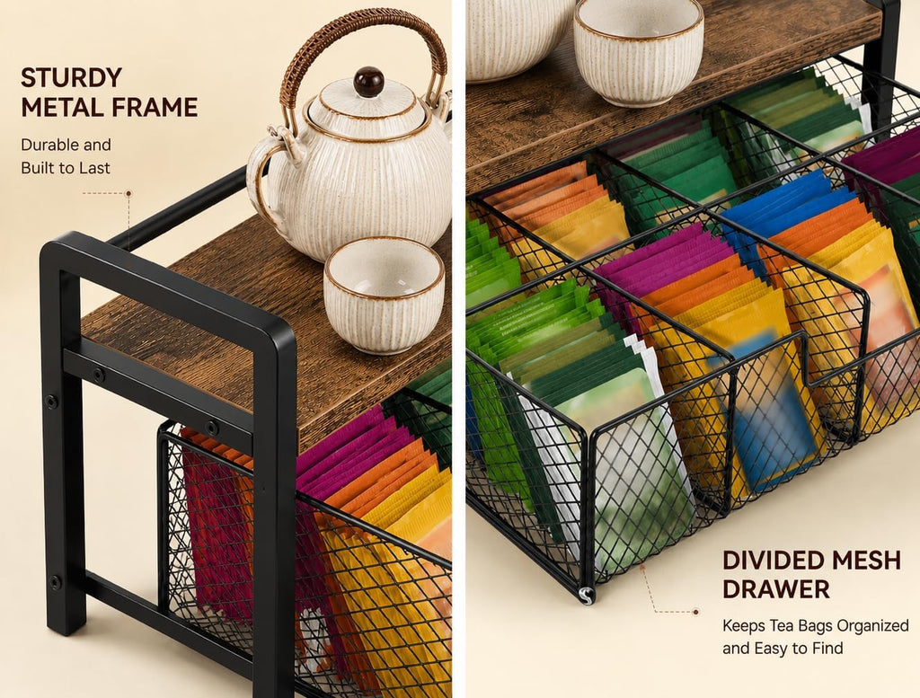 Wood & Matte Black Metal Tea Bag Organizer with Drawer, 8 Compartments Tea Storage Holder with Top Tray, Multi-Purpose Countertop Caddy for Tea Bags, Coffee Pods & Spices