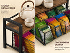 Wood & Matte Black Metal Tea Bag Organizer with Drawer, 8 Compartments Tea Storage Holder with Top Tray, Multi-Purpose Countertop Caddy for Tea Bags, Coffee Pods & Spices