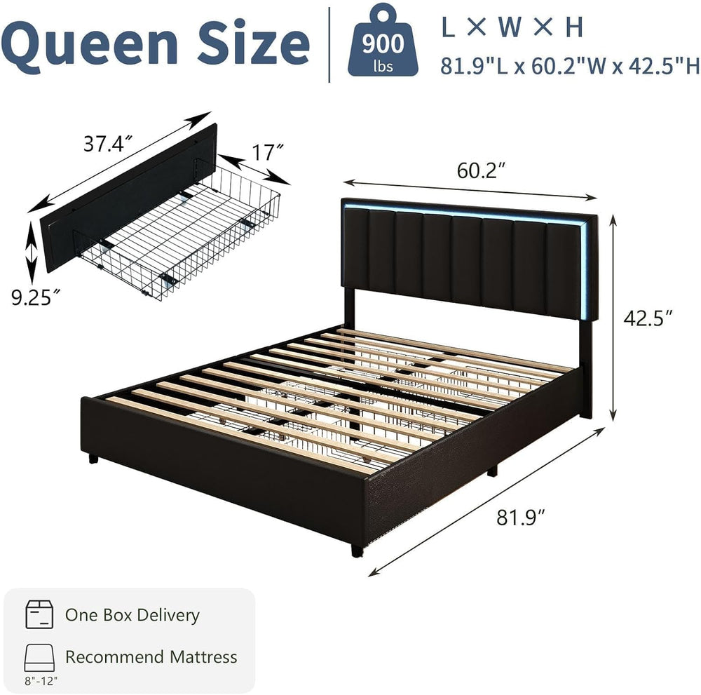 IMMERSTABLE Queen Size Bed Frame with Headboard and 4 Storage Drawers, Faux L...