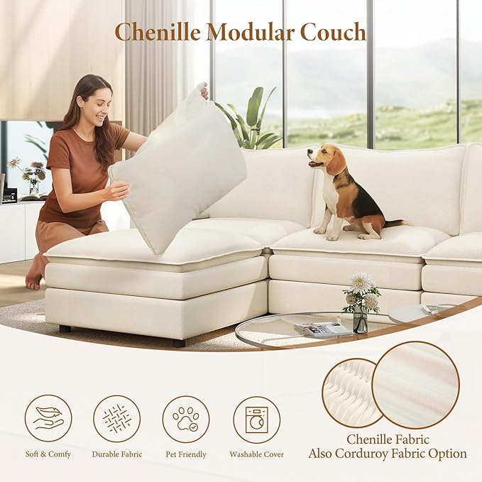 Vesgantti Large Modular Sectional Sofa, Big Comfy Cloud Couch with Ottoman Deep Seat Chenille Cloud Sofa, 9 Seater Large Sectional Couches for Living Room, Bedroom and Apartment, Beige
