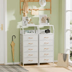 Furnulem 5 Drawers Dresser with Charging Station, Tall Night Stand with Open Shelf, Storage Tower with PVC & Fabric Drawer, Bedside Table for Bedroom, Closet, Entryway, 3 Ways to Use, White