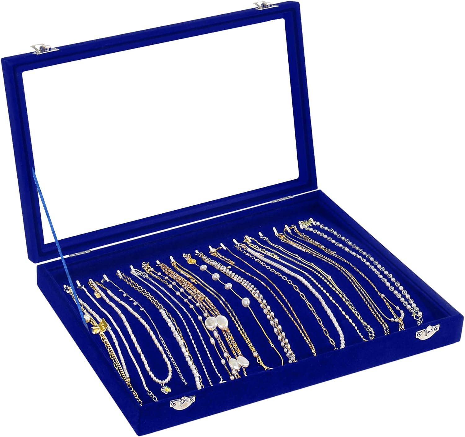 Jenseits Jewelry Display Box For Necklace Organizer, Velvet Necklace Storage Tray For Drawer, 20 Hooks Large Velvet Showcase Holder, Jewelry Organizer With Transparent Lid, Gifts For Her - Blue