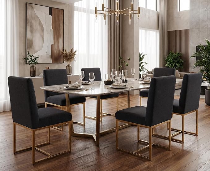CIMOTA Black Modern Dining Chairs Set of 6, Upholstered Dining Room Chairs Armless Guest Side Chair with Gold Base for Dining Room/Kitchen, Charcoal Black, 6PCS