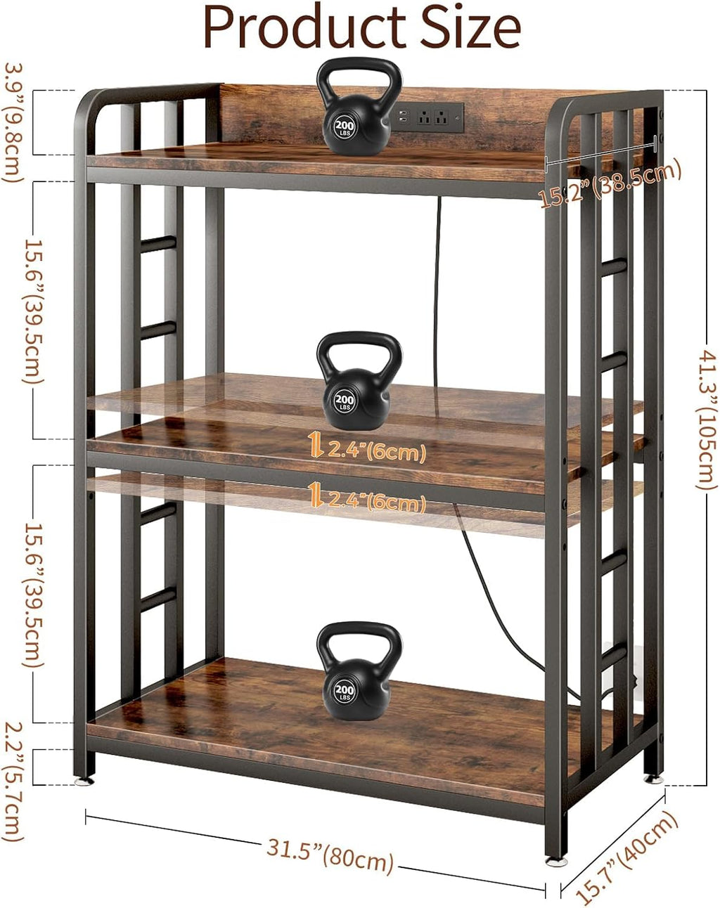 METYERRY Bakers Rack with Power Outlet,Adjustable Microwave Stand with Storage,3-Tier Kitchen Shelves,Microwave cart Suitable for Kitchen,Dinning Room,Coffee Bar,Living Room,Rustic Brown