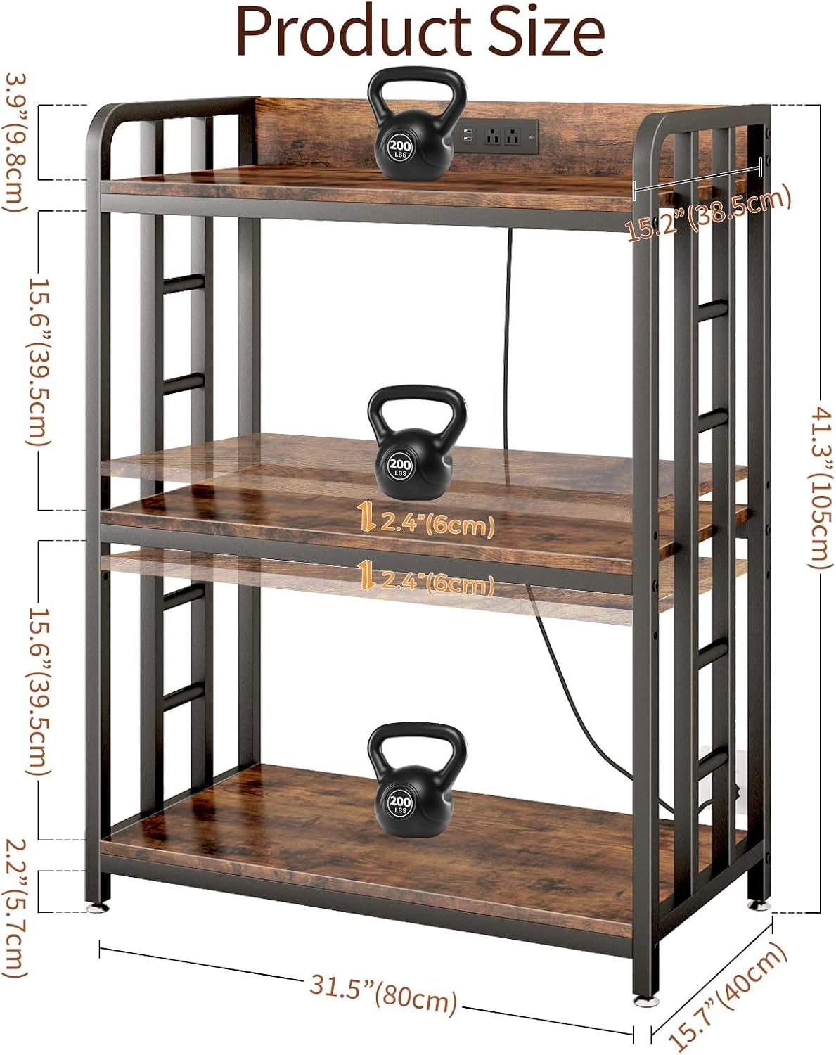 METYERRY Bakers Rack with Power Outlet,Adjustable Microwave Stand with Storage,3-Tier Kitchen Shelves,Microwave cart Suitable for Kitchen,Dinning Room,Coffee Bar,Living Room,Rustic Brown