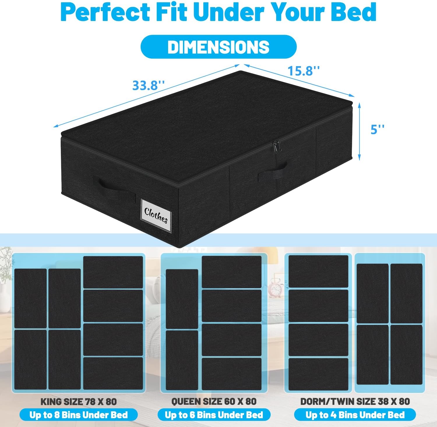 Under Bed Storage Container Bins 2 Pack, 5 Inch Thin Low Profile Underbed Clothes Storage Organizer for Dorm & Home, Use for Blanket and Toy Storage Box W/ Sturdy Bottom/Sides, Foldable Thick Fabric
