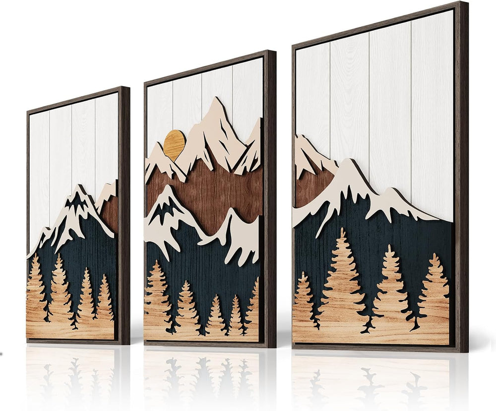 Large Framed 3D Wood Mountain Wall Art Decor for Living Room, 24x36 Inch
