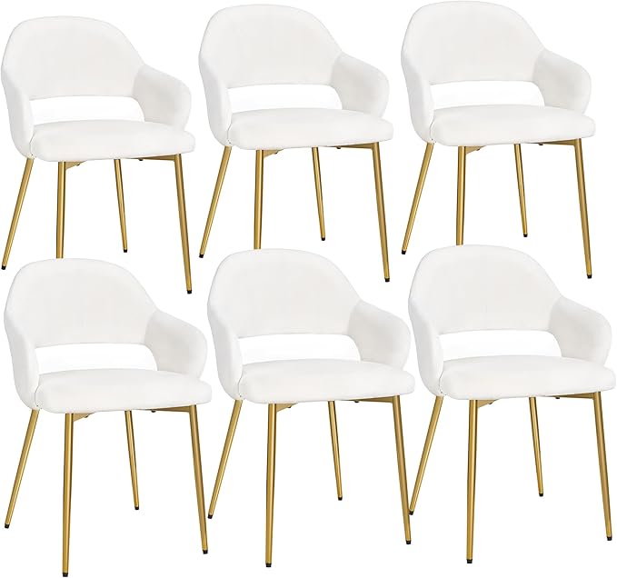 VECELO Velvet Dining Chairs Set of 6, Modern Upholstered Kitchen Chairs with Cushion, Padded Backrest and Metal Legs, White