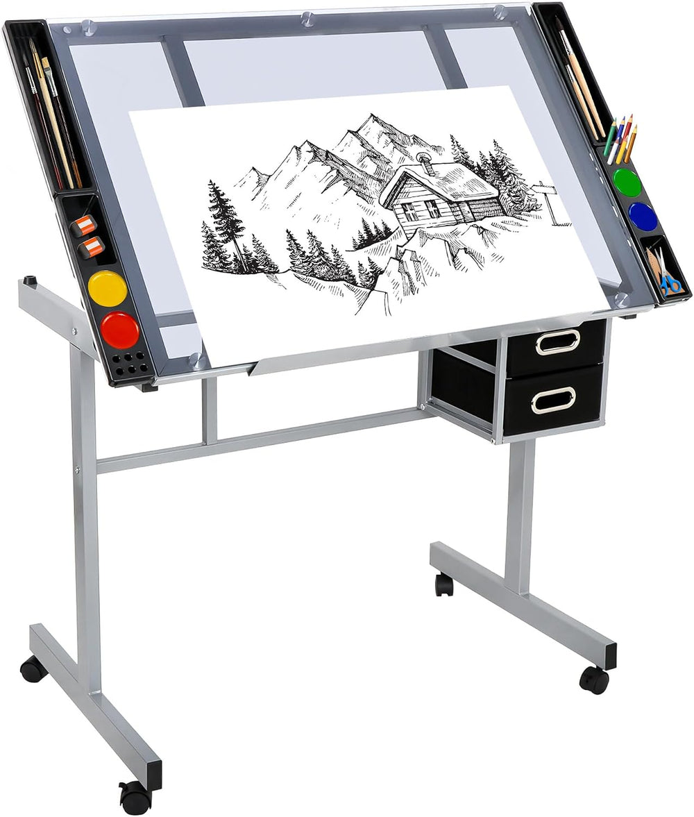 Nova Microdermabrasion Glass Top Drafting Table with Storage, Adjustable Draw...
