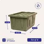 HOMZ 4-Pack Durabilt Tote, Heavy Duty Plastic Storage Bins with Lids, 27 Gallon, Green Camo - Stackable Organizing Containers for Home, Garage, and Office