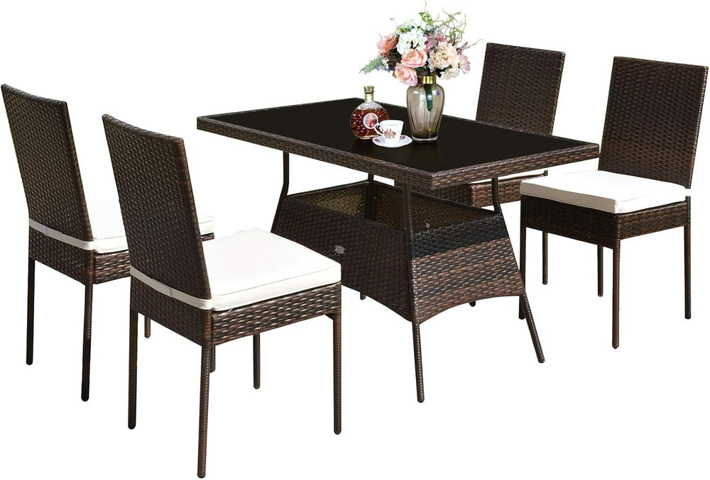 Tangkula 5 Piece Patio Wicker Dining Set, Outdoor Rattan Table and Chairs wit...