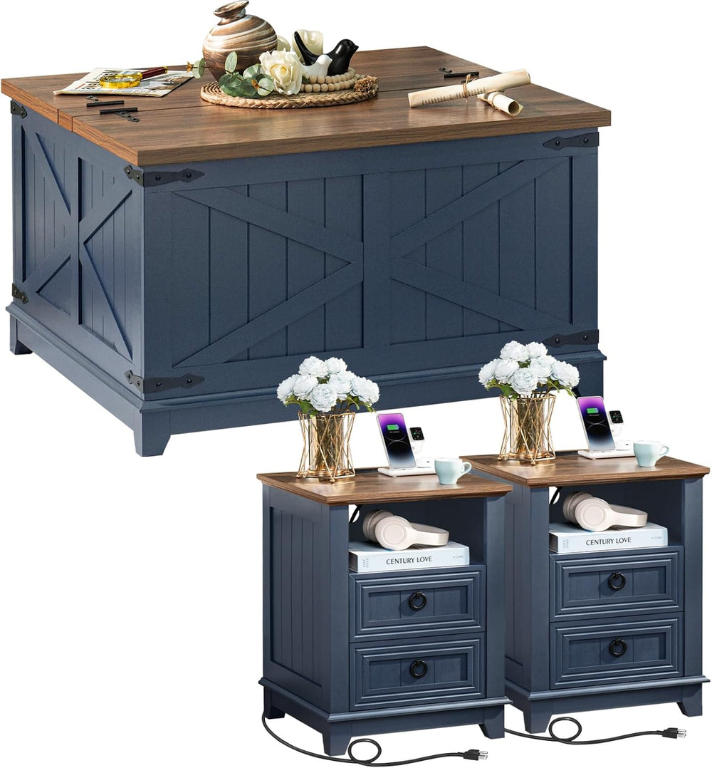 Farmhouse Coffee Table Set of 3, Furniture Set with Charging Station, Coffee ...