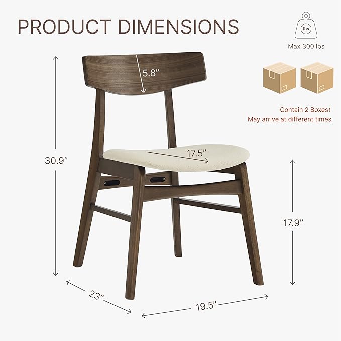 Wooden Dining Chairs Set of 4, Upholstered Modern Dining Room Chairs, Mid Century Oak Kitchen Chairs with Curved Wood Backrest for Kitchen, Restaurant, Farmhouse (Cream Fabric & Walnut Color)