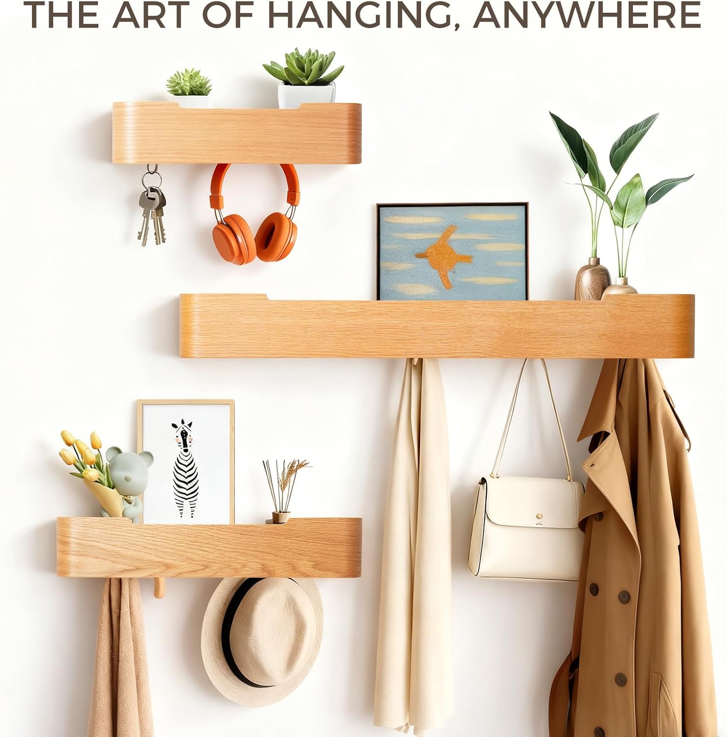 Wall Coat Rack Floating Shelves Modern Coat Rack Wall Mount with Storage Entryway Shelf Wooden Hanger 20 Inch 4 Hidden Metal Hooks for Living Room Bedroom (Oak, 4 Hooks)