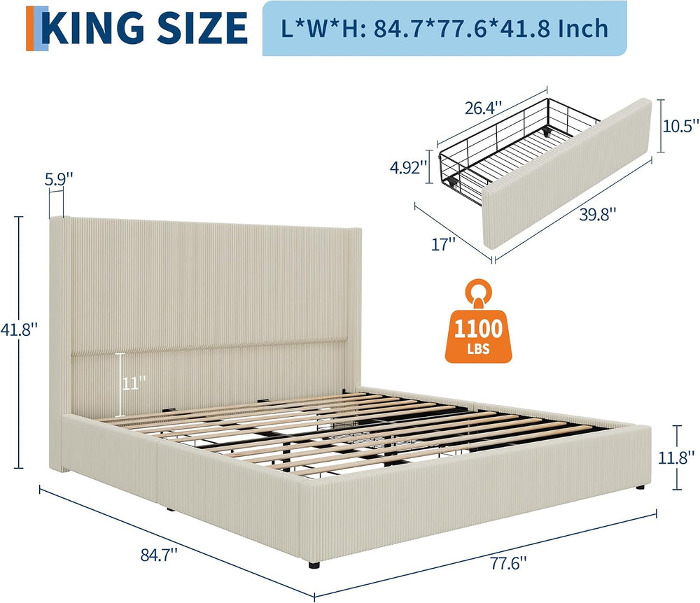 GarveeHome King Beige Storage Bed Frame, Corduroy Upholstered Platform Bedfra...