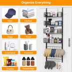 Over the Door Organizer, 2 in 1 Metal Hanging Closet Organizer & Hat Rack with 4 Adjustable Baskets, 8 Hooks, 10 Clips, Behind The Door Storage for Bedroom, Bathroom, Entrance, Closet, Kitchen, Black