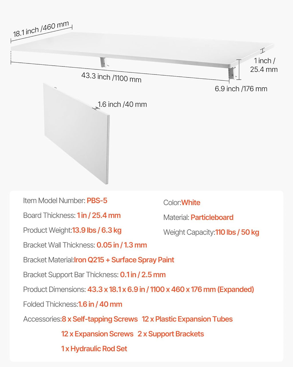 VEVOR Wall Mounted Folding Table, 43.3 x 18 inches Wall Mount Table, Floating Desk with Iron Bracket, Fold Down Desk for Small Spaces, Home Office, Dining, Laundry Room, Kitchen, Bar, White