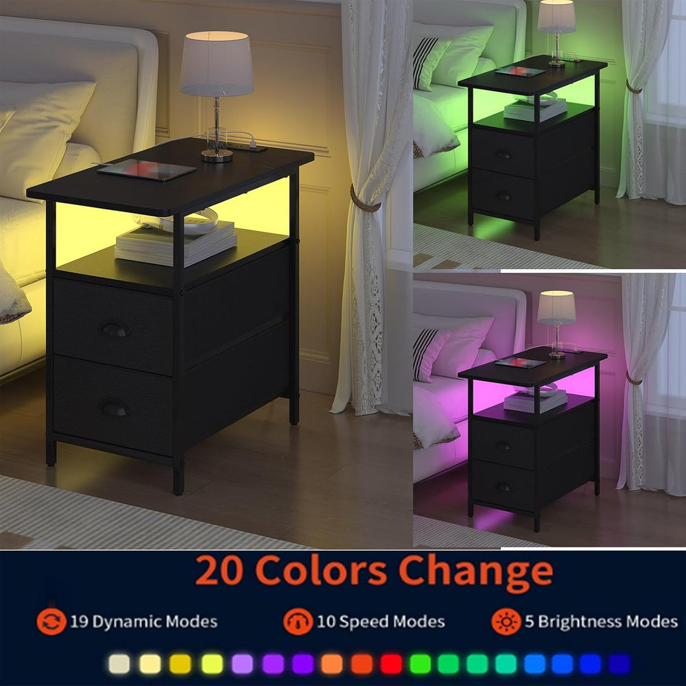 sthmec End Table with Charging Station, Narrow Side Table with 2 Drawers, LED...